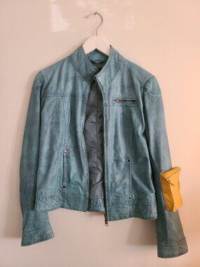 Reworked ESPRIT Ultra Soft Blue Lambskin Leather Jacket w/ 3D Yellow Pocket - S